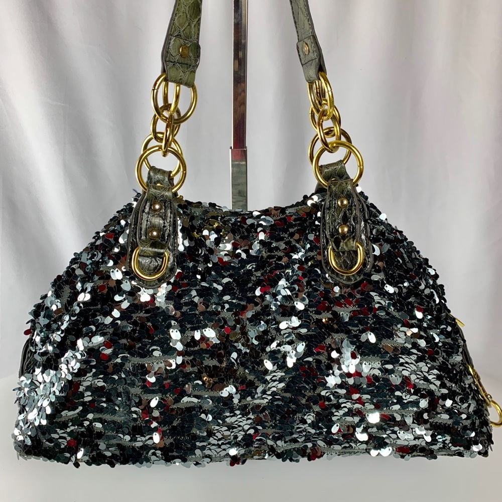 SEQUINS BLING Hobo Bag, Faux Croc leather handles